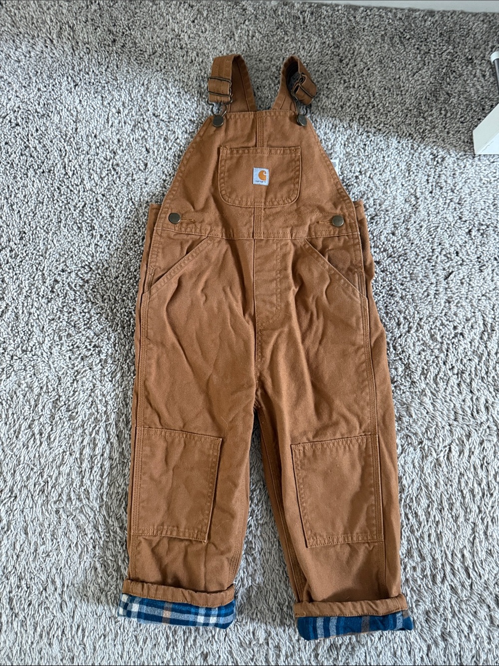 Carhartt Kids Brown Duck Overalls with Blue Plaid Cuffs